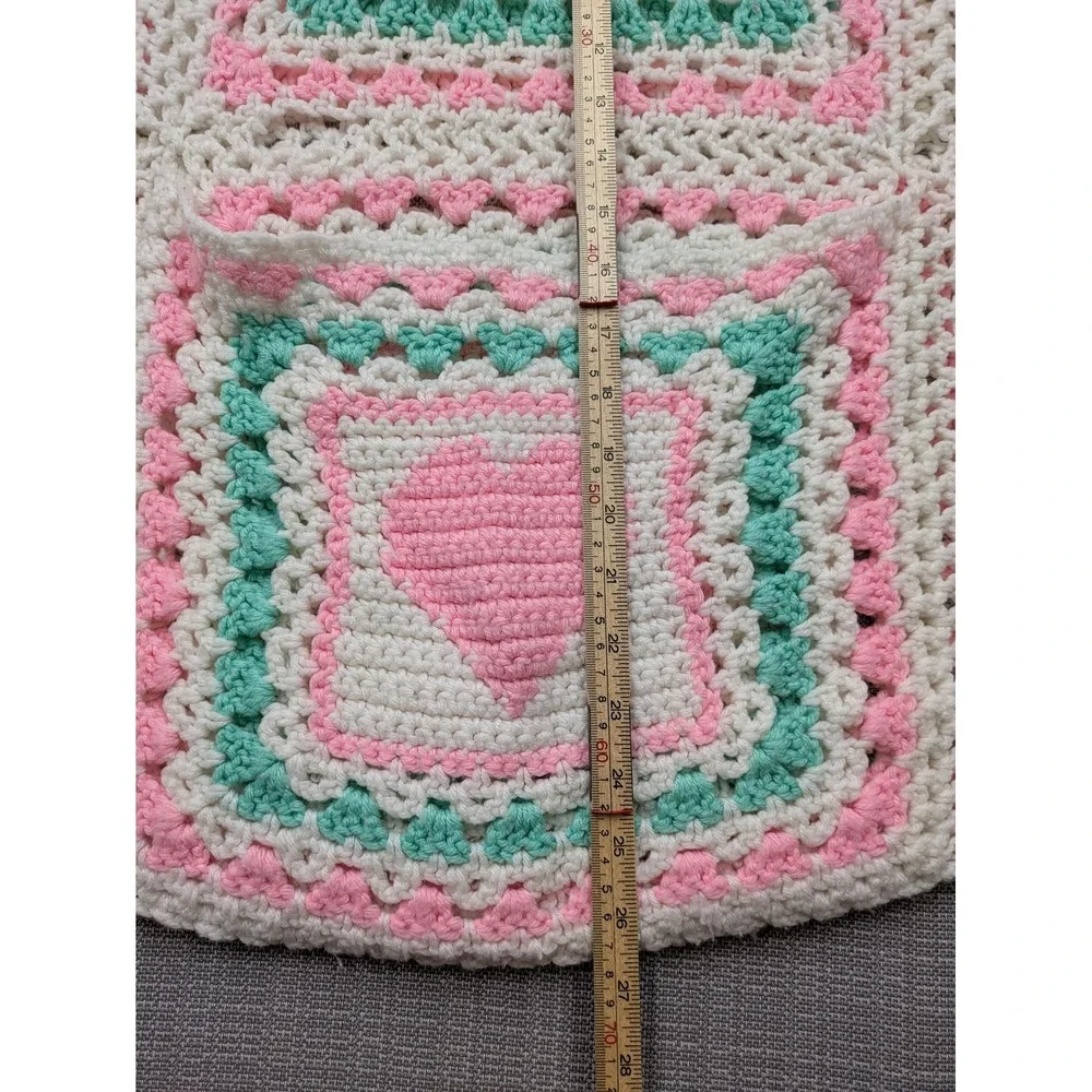 Handmade Crochet Crib Blanket Baby Girls Pink Heart Squares 38x58 Multicolor